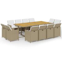 vidaXL 13 pcs conjunto jantar p/ jardim c/ almofadões vime PE bege