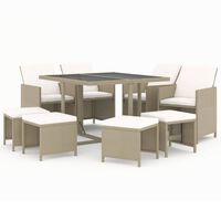 vidaXL 9-osainen Ulkoruokailuryhmä tyynyillä polyrottinki beige