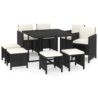 vidaXL 9 pcs conjunto de jantar p/ jardim c/ almofadões vime PE preto