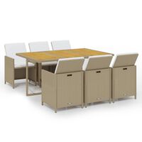 vidaXL 7 pcs conjunto jantar p/ jardim c/ almofadões vime PE bege