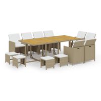 vidaXL 13 pcs conjunto jantar p/ jardim c/ almofadões vime PE bege