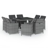 vidaXL 9 pcs conjunto jantar p/ jardim c/ almofadões vime PE cinzento