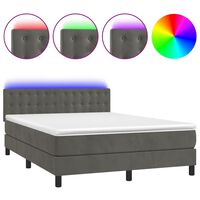 vidaXL Pat cu arcuri, saltea și LED, gri închis, 140x190 cm, catifea