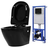 vidaXL fekete falra szerelhető kerámia WC rejtett öblítőtartállyal